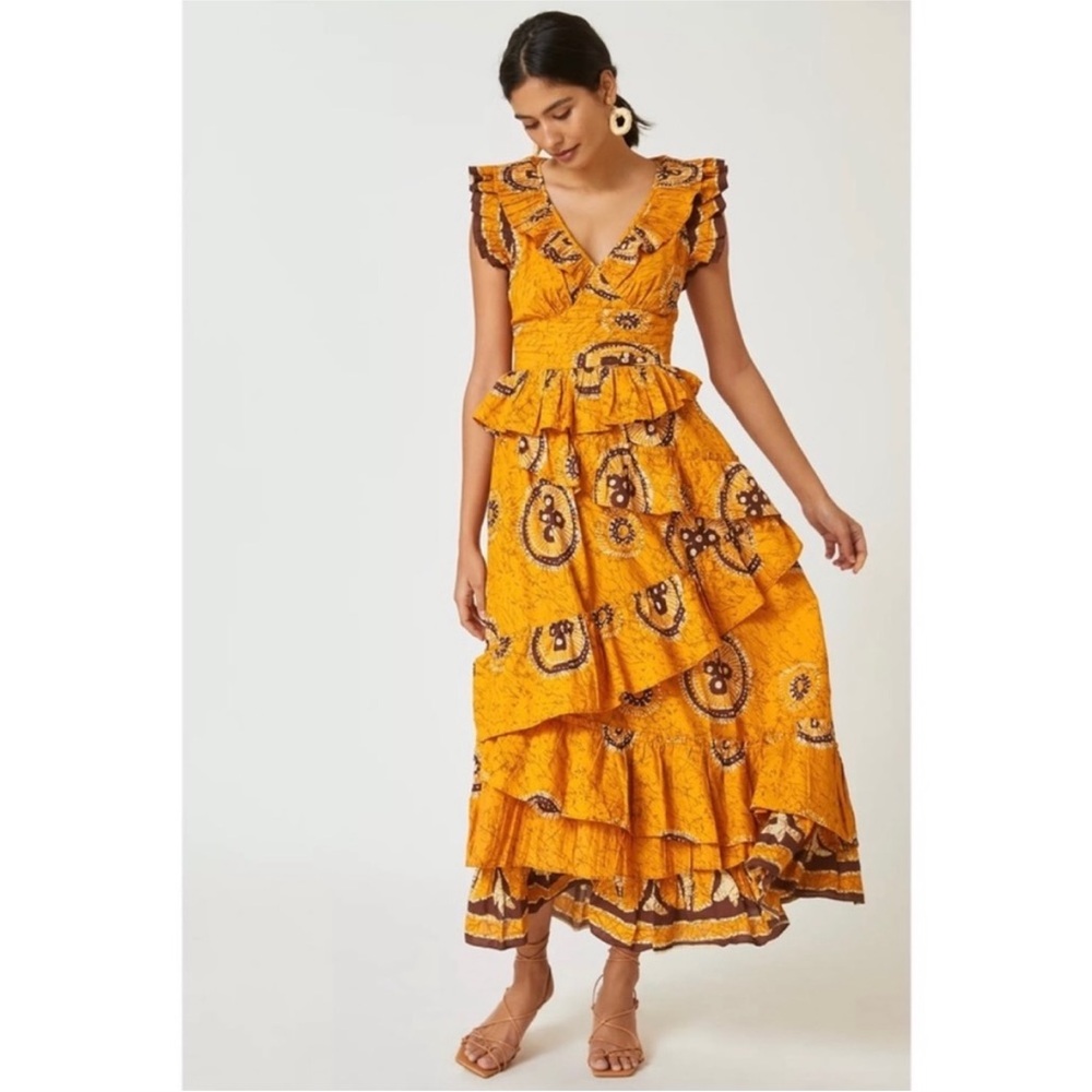 Anthro Love The Label Gigi Gold Ruffled
Boho Maxi Dress